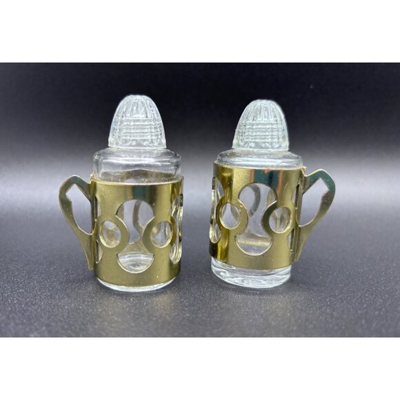 None Other - Vintage Glass Salt & Pepper Shakers Brass Colored MCM Design